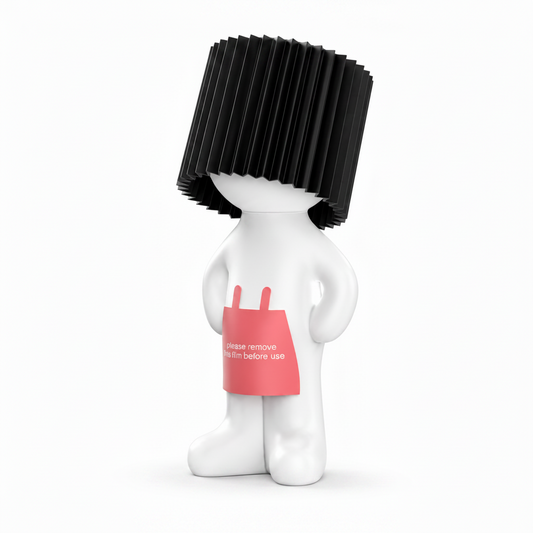 A white stylized human figure with a black pleated hat and a pink shopping bag graphic on the front, shown on a white background with a black border and colorful corner accents.